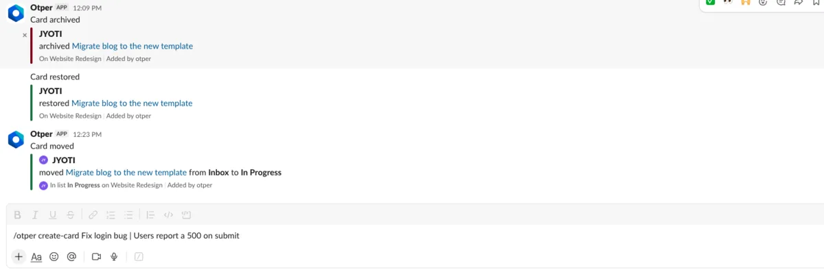 The /otper create-card command being typed in a Slack channel