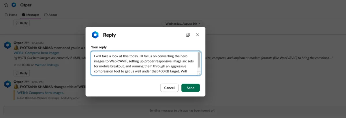 An Otper mention notification in Slack with the reply dialog open