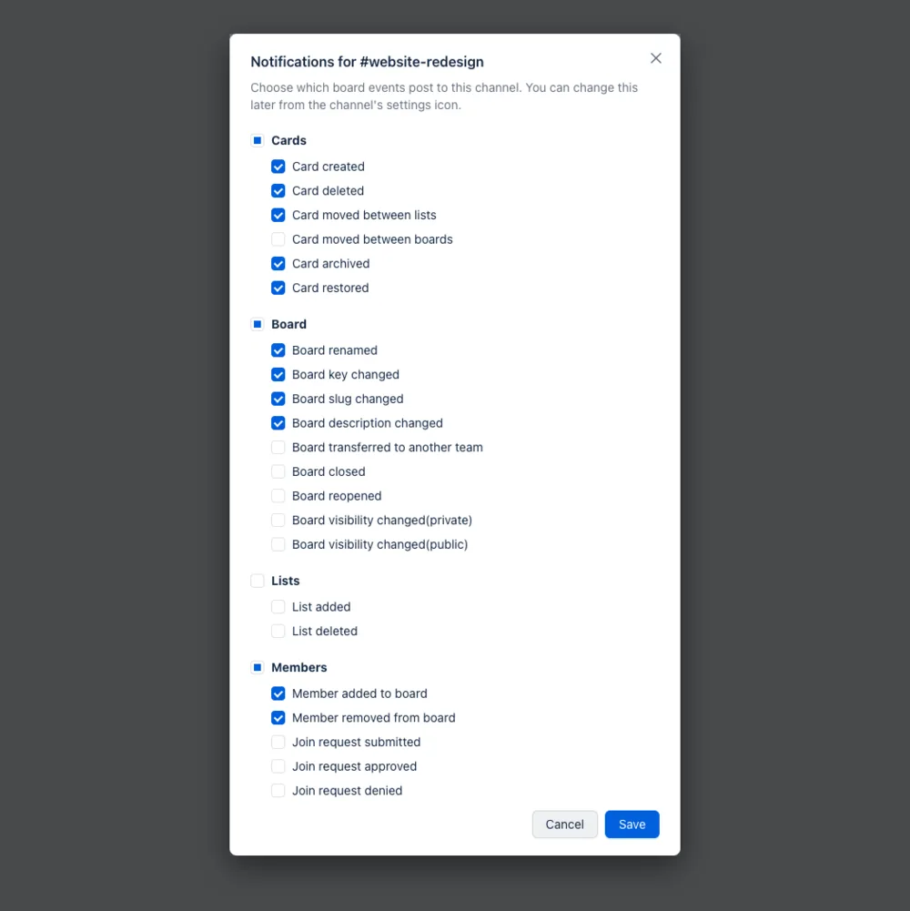 Choosing which card, board and list events post to a connected Slack channel