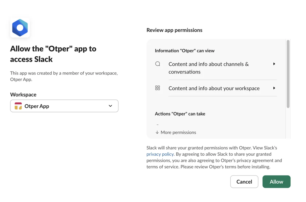 Slack's permission screen listing what Otper can access, with the workspace picker