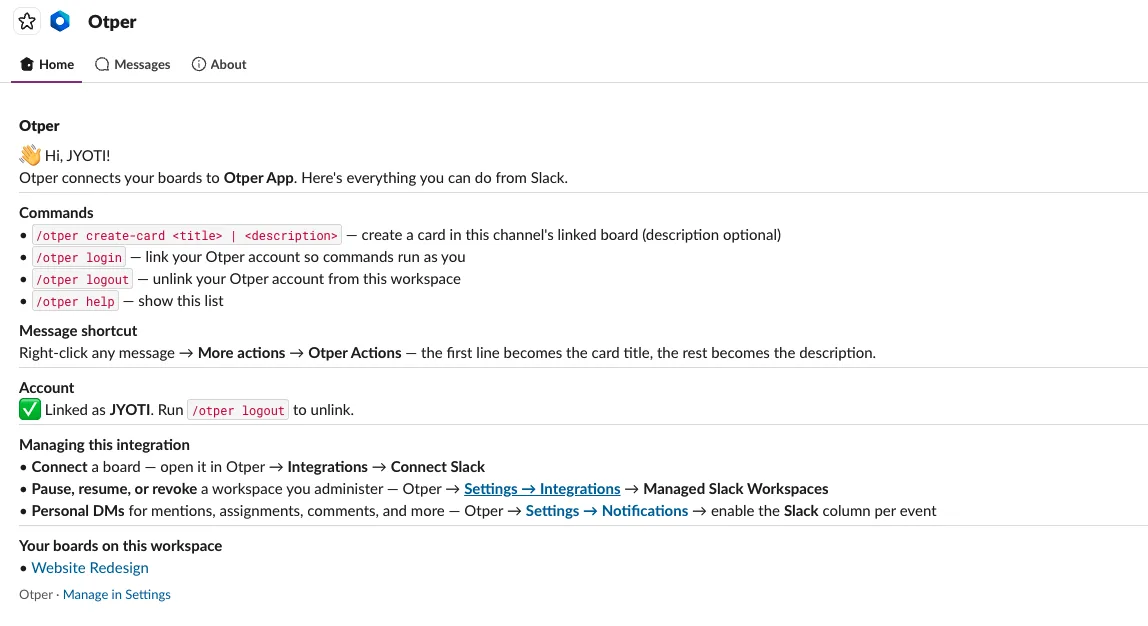 The Otper Home tab in Slack showing the commands, a linked account and the boards you can open