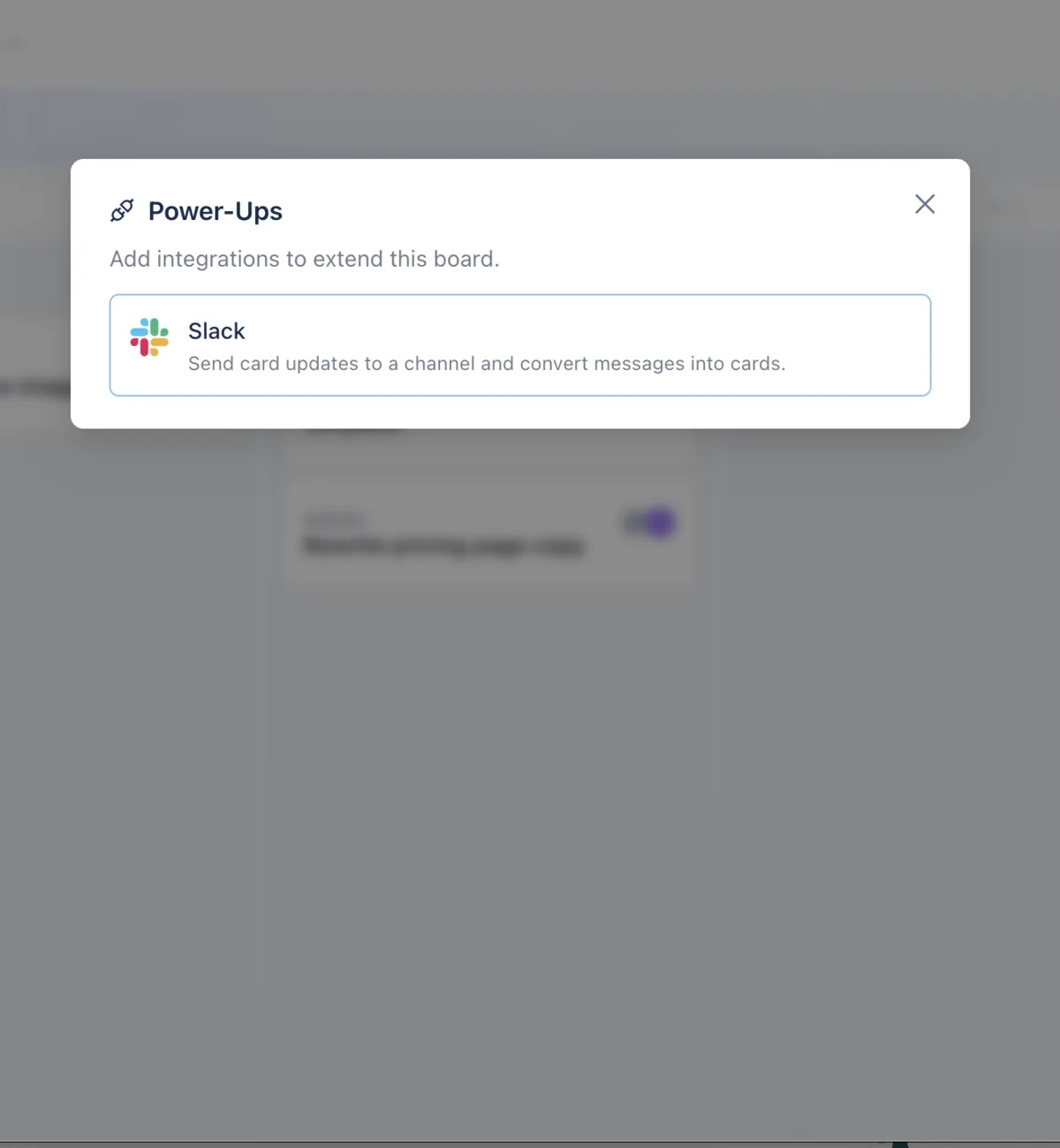 The Power-Ups dialog on an Otper board, showing Slack as an available integration