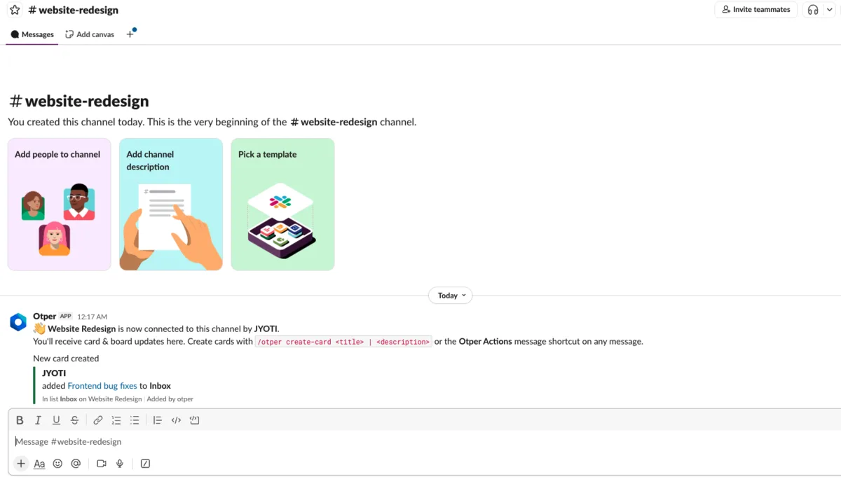 Otper confirming in a Slack channel that a board is now connected