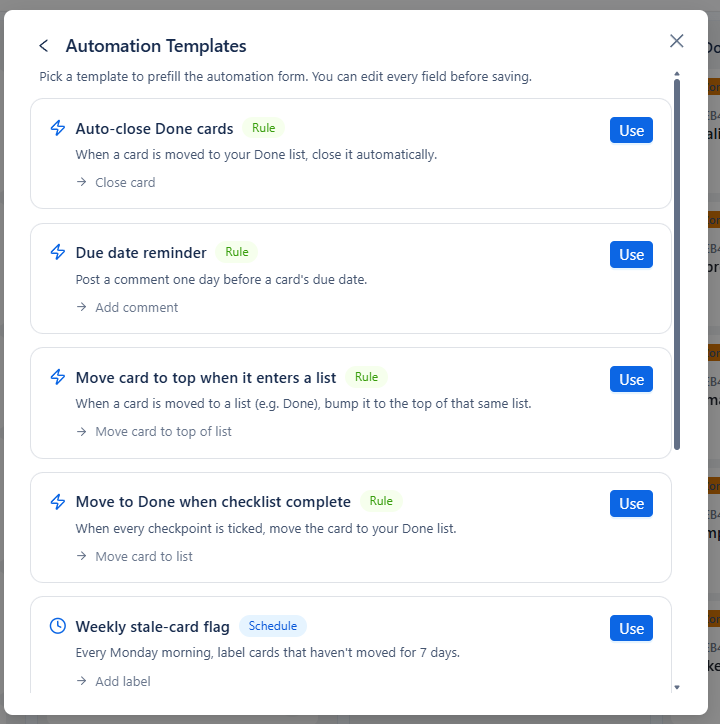 Automation templates prefill the rule or schedule, then let you review and edit the details before saving.