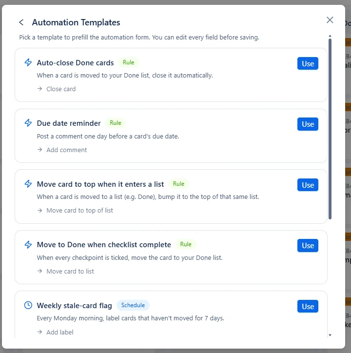 Workflow automation templates for Kanban teams: auto-close done cards, due date reminders and weekly stale-card flags