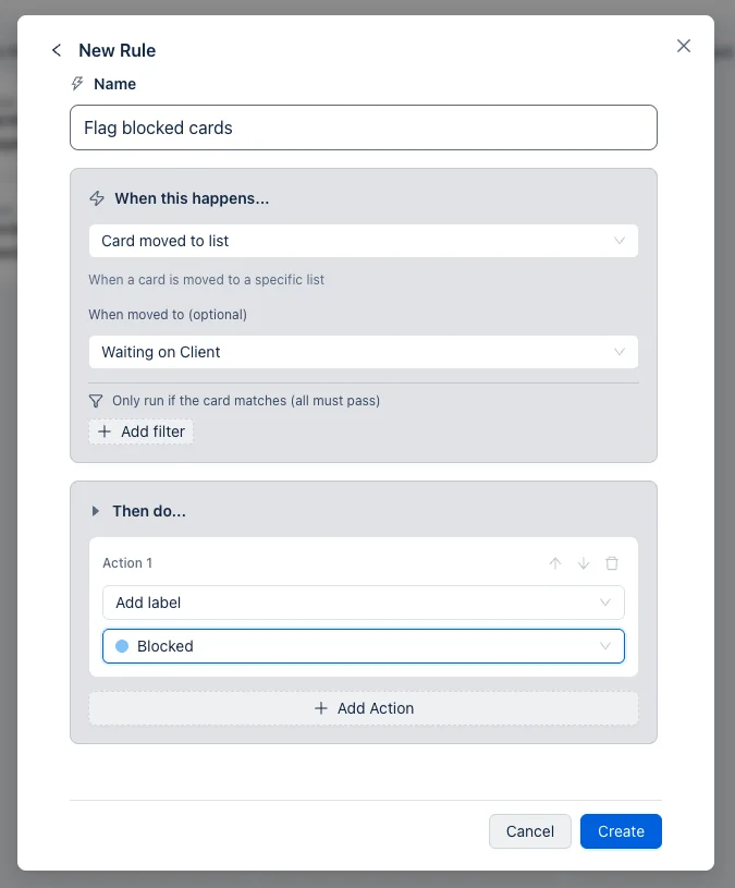 Otper automation rule: card moved to Waiting on Client adds the Blocked label