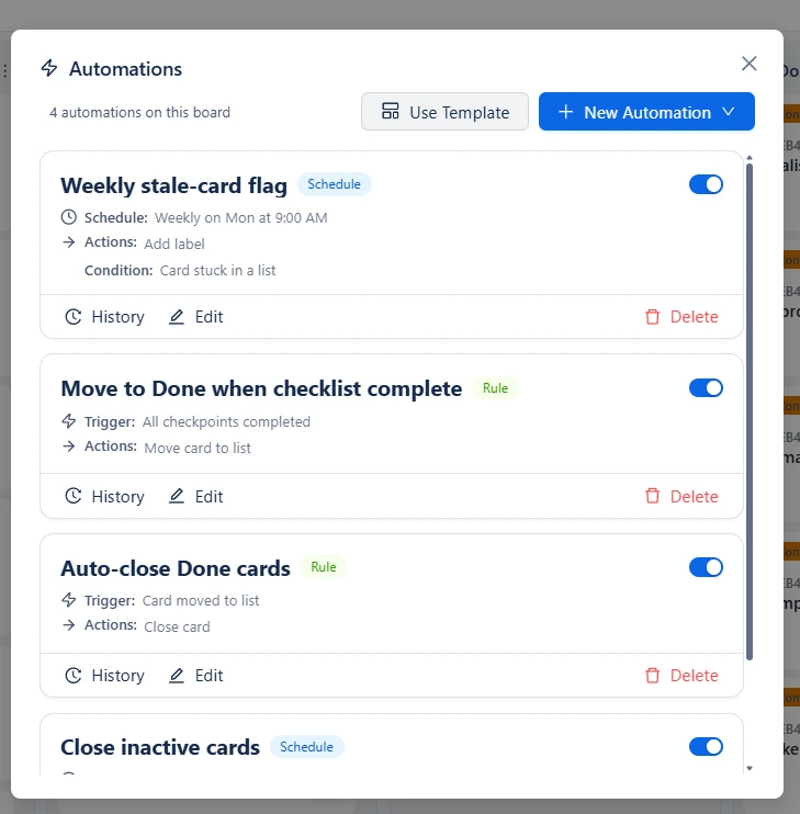 Otper automations panel listing a weekly stale-card flag scheduled for Monday at 9 AM alongside rule-based automations