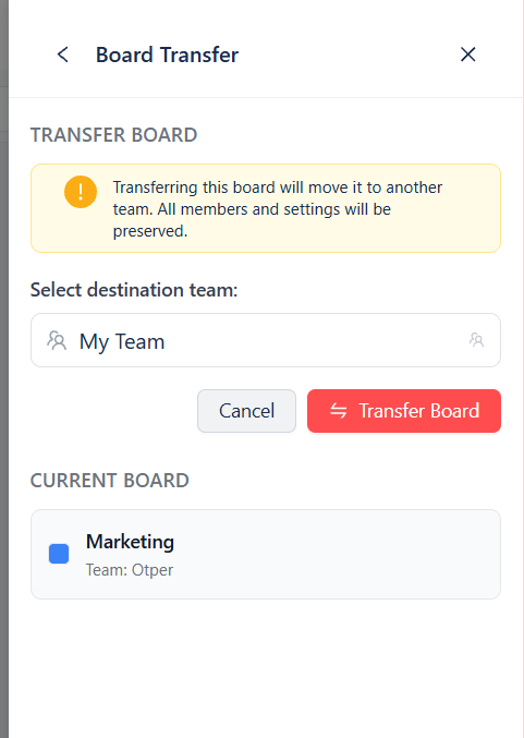 Otper Board Transfer panel in board settings, with a destination team selector and a Transfer Board button