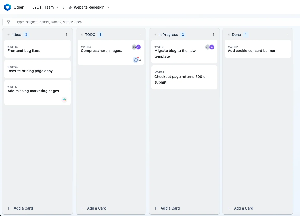 An Otper board with Inbox, TODO, In Progress and Done columns, cards spread across each stage