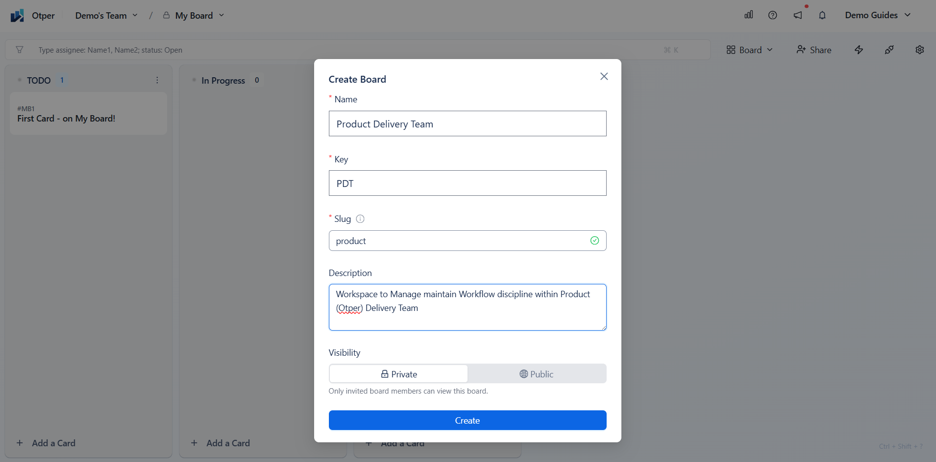 Creating a board in Otper: name, key, and slug help keep boards and card references recognizable.