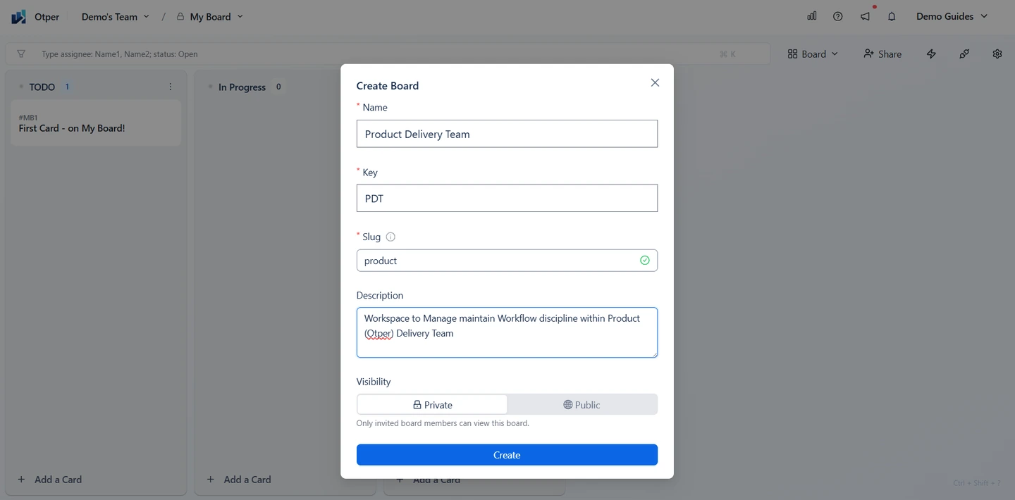 Creating a board in Otper: name, key, and slug help keep boards and card references recognizable.