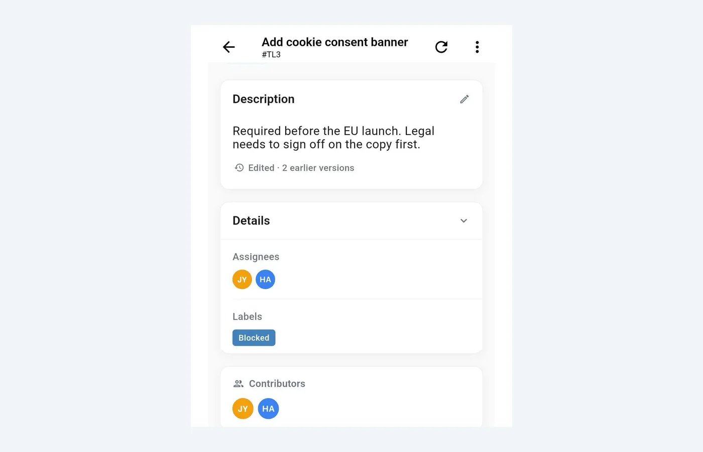 Otper mobile app showing a card with contributor history and a Blocked label