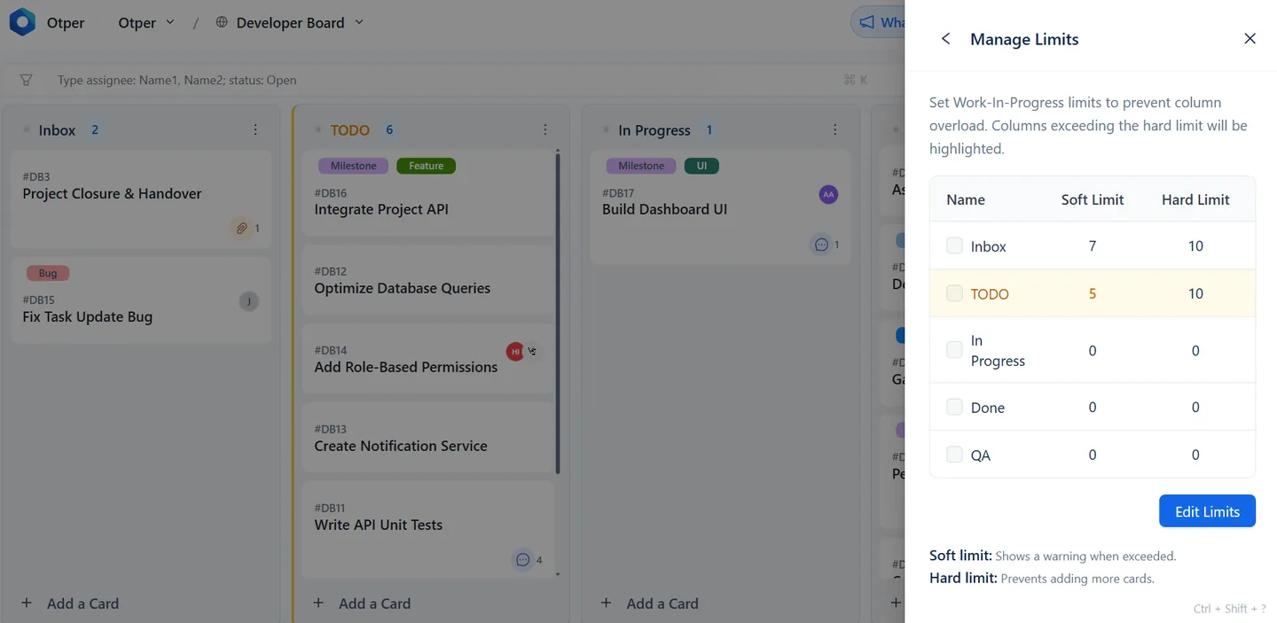 Otper Manage Limits panel: soft and hard WIP limits