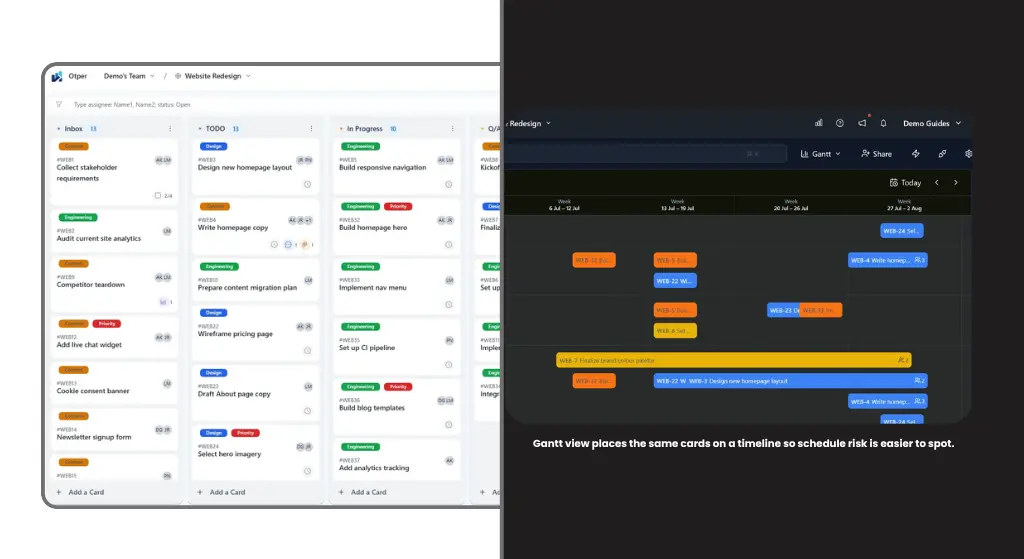 Otper project management board and Gantt chart timeline view.