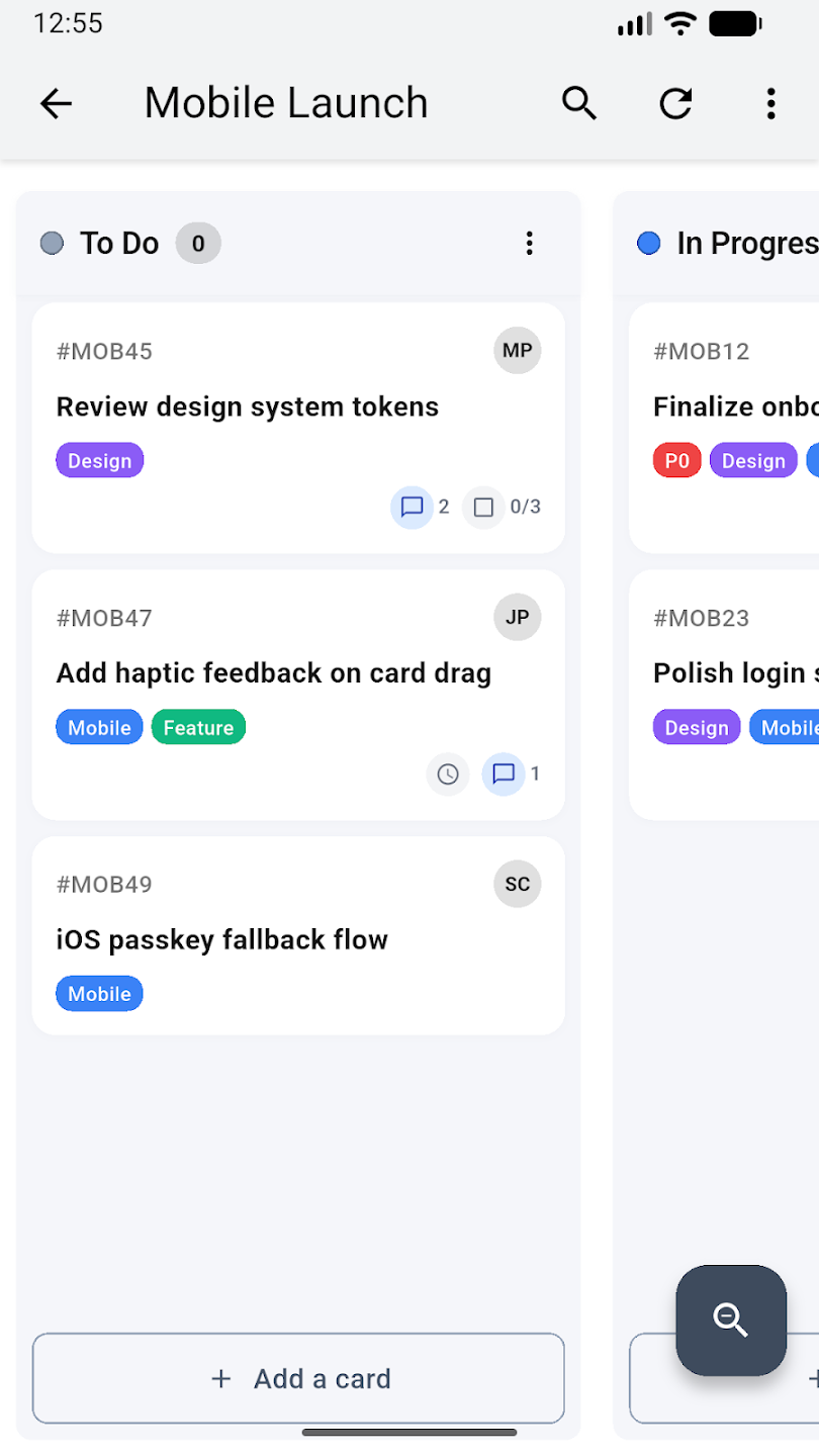 Review boards and cards from mobile so updates happen where the team already tracks work.