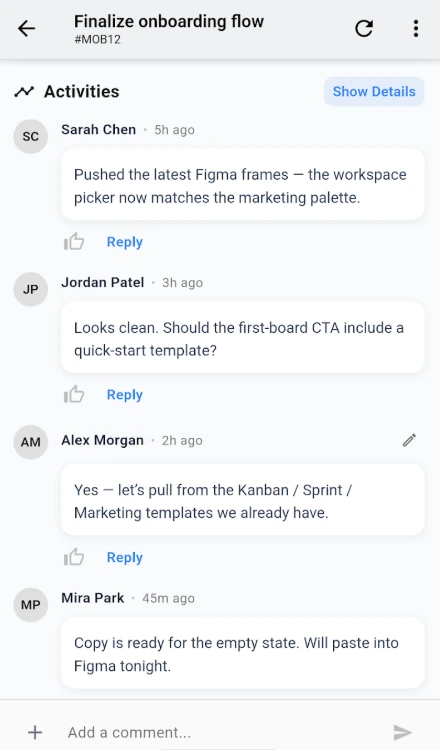 Updating a card from mobile: a project comment thread where teammates discuss work, above an add-comment box