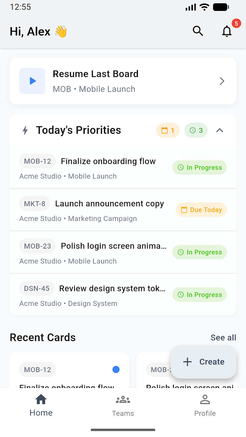 Mobile access helps teams review recent work and priority items without leaving the shared workspace.