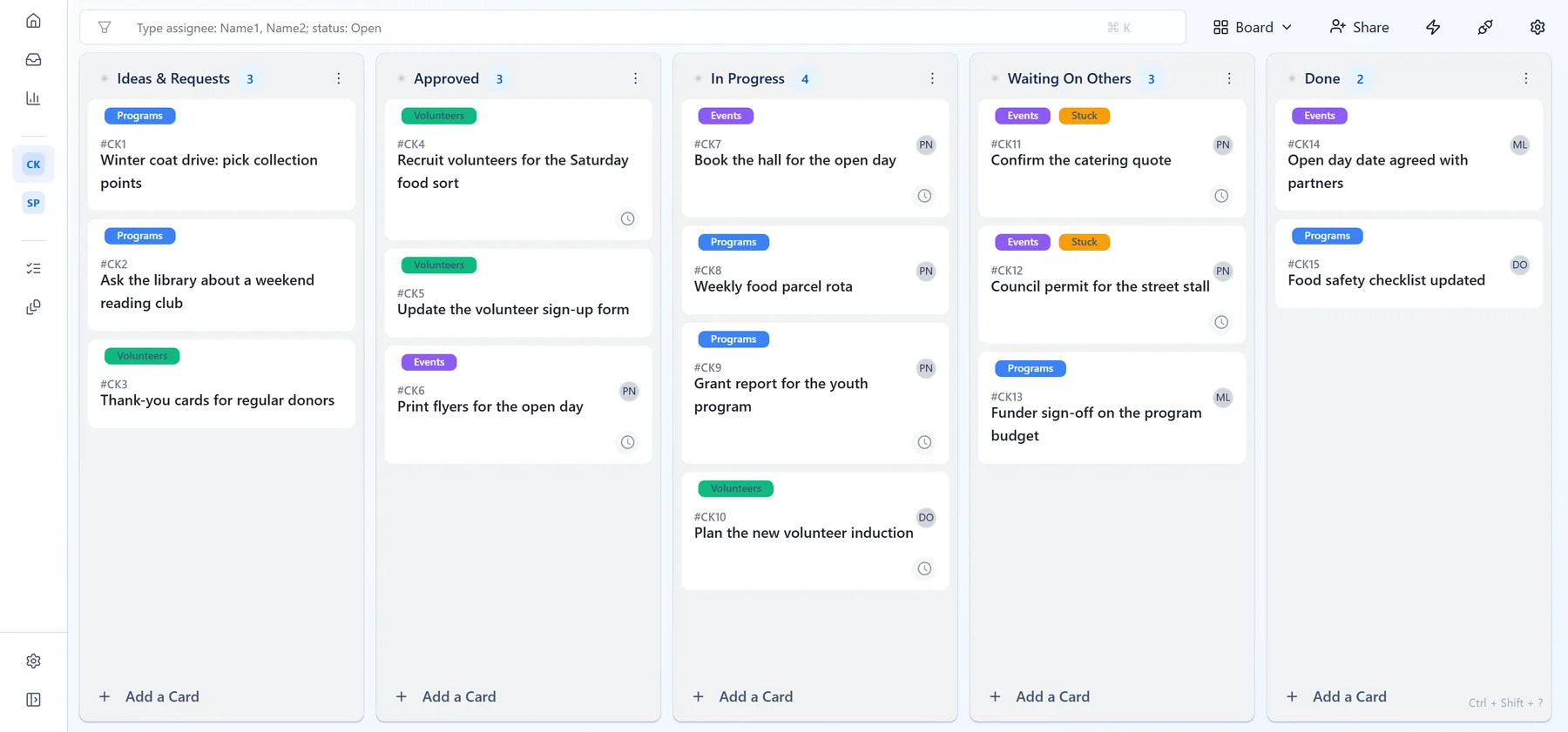 nonprofit kanban board in Otper with Ideas & requests, Approved, In progress, Waiting on others and Done columns, labelled Programs, Volunteers and Events