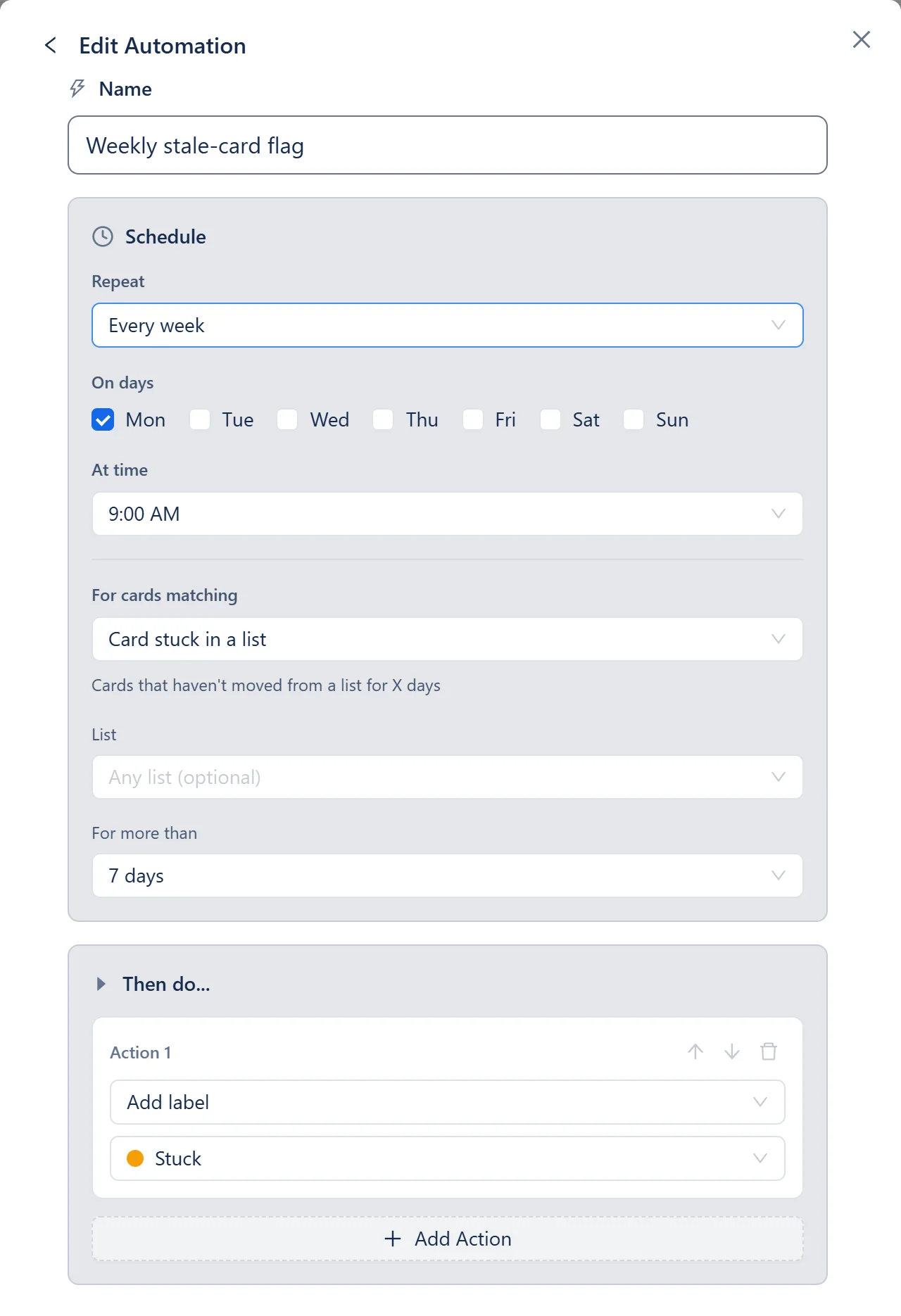 Otper Edit Automation form for the Weekly stale-card flag: every Monday at 9:00 AM, for cards stuck in a list for more than 7 days, add the amber Stuck label