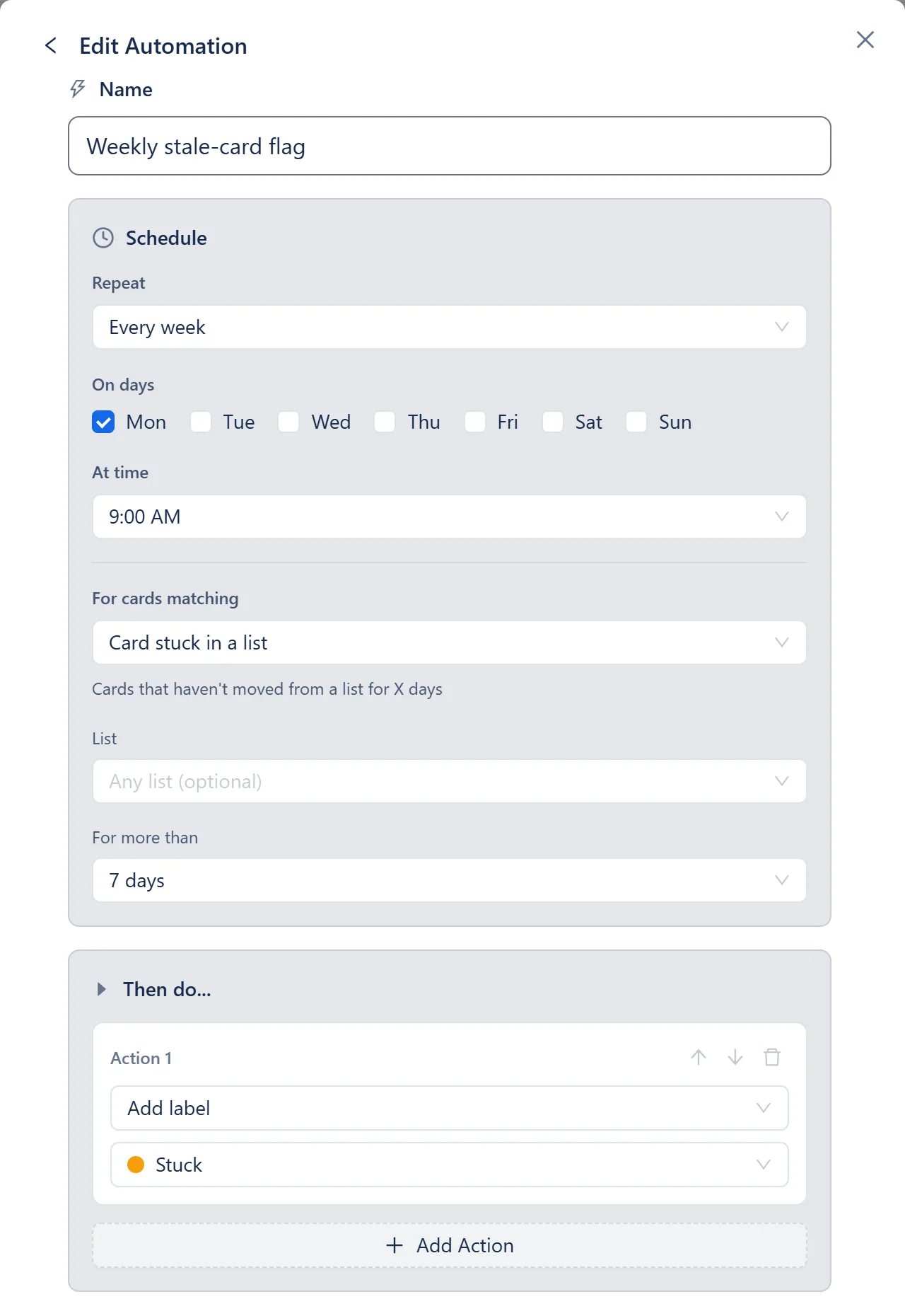 Otper Edit Automation form for the Weekly stale-card flag: every Monday at 9:00 AM, for cards stuck in a list for more than 7 days, add the amber Stuck label