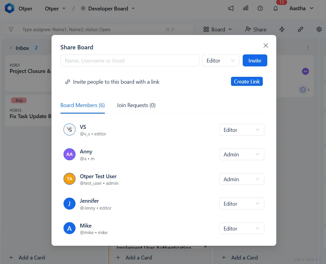 Otper Share Board dialog listing board members, each set to Admin or Editor