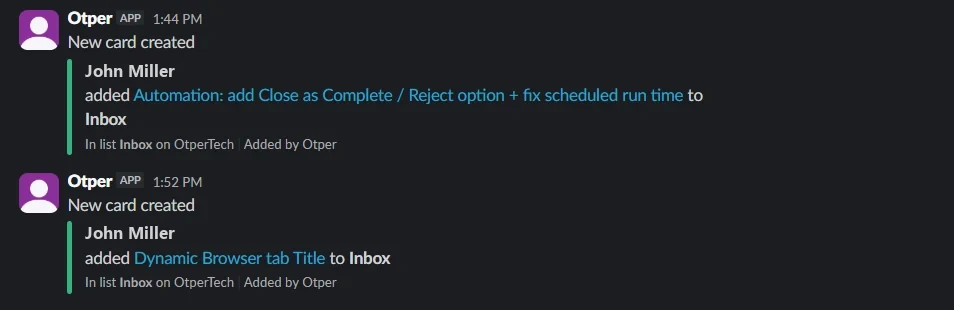 Kanban card updates posted to a Slack channel by Otper, naming who added each card and its list