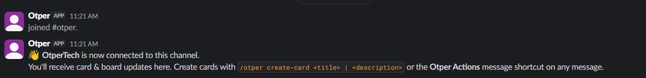 Connecting a Slack channel to a kanban board in Otper, with the create-card command and Actions shortcut