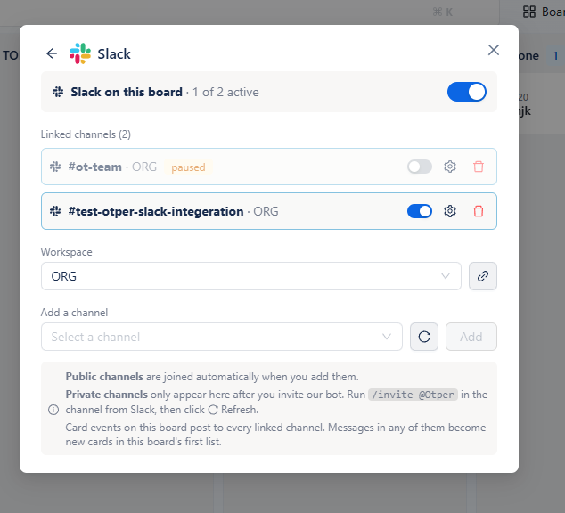 The Otper Slack panel on a board, showing linked channels, a workspace selector, and a master switch
