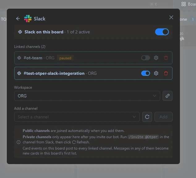 The Otper Slack panel listing linked channels, each with its own switch, settings gear and unlink control