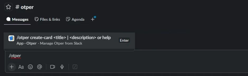 The /otper slash command typed in a Slack channel, with autocomplete offering create-card title and description