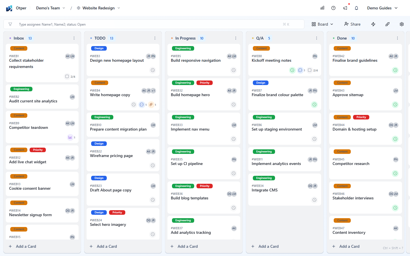 An Otper Kanban board with Inbox, TODO, In Progress, and Done lists