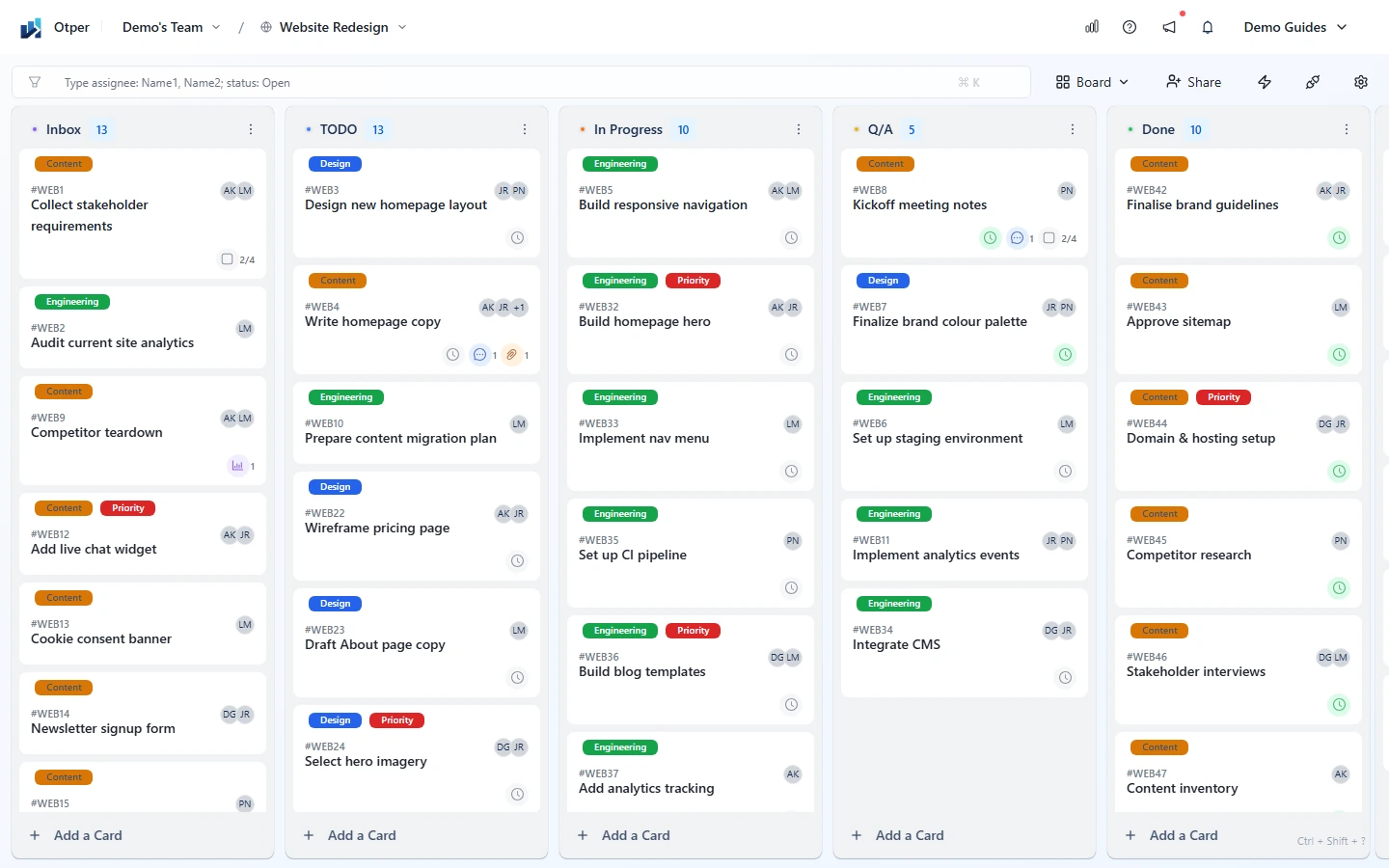 An Otper Kanban board with Inbox, TODO, In Progress, and Done lists