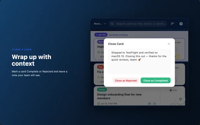 The Close Card dialog in the Otper desktop app, with a note explaining the outcome and buttons to close the card as Rejected or as Completed