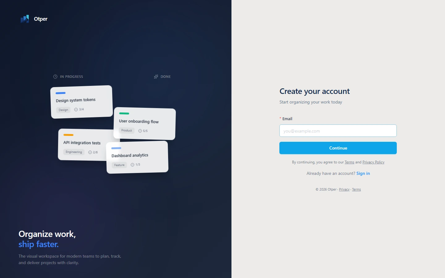 The Otper account registration screen
