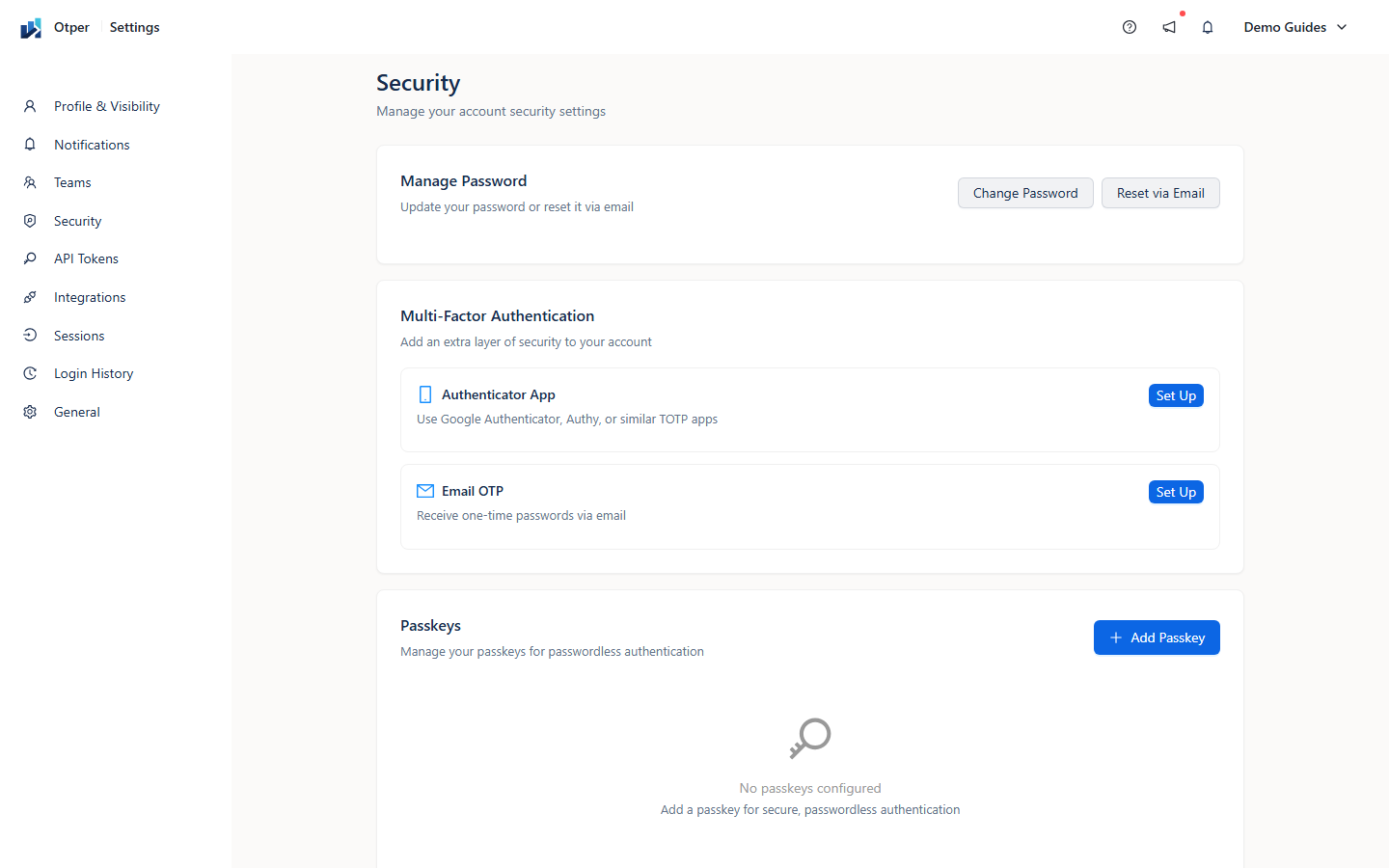 Otper security settings showing password, MFA, and passkeys