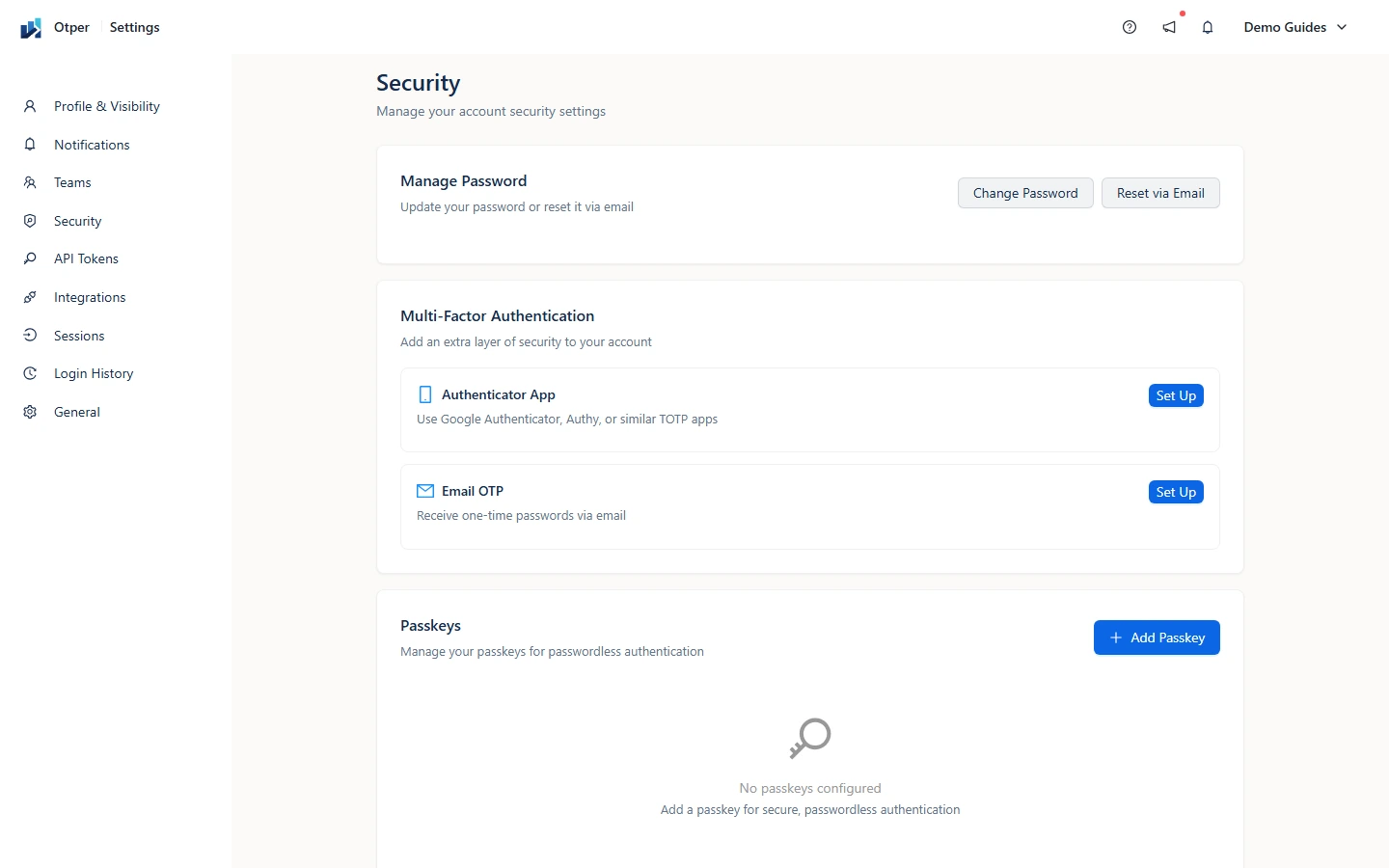 Otper security settings showing password, MFA, and passkeys