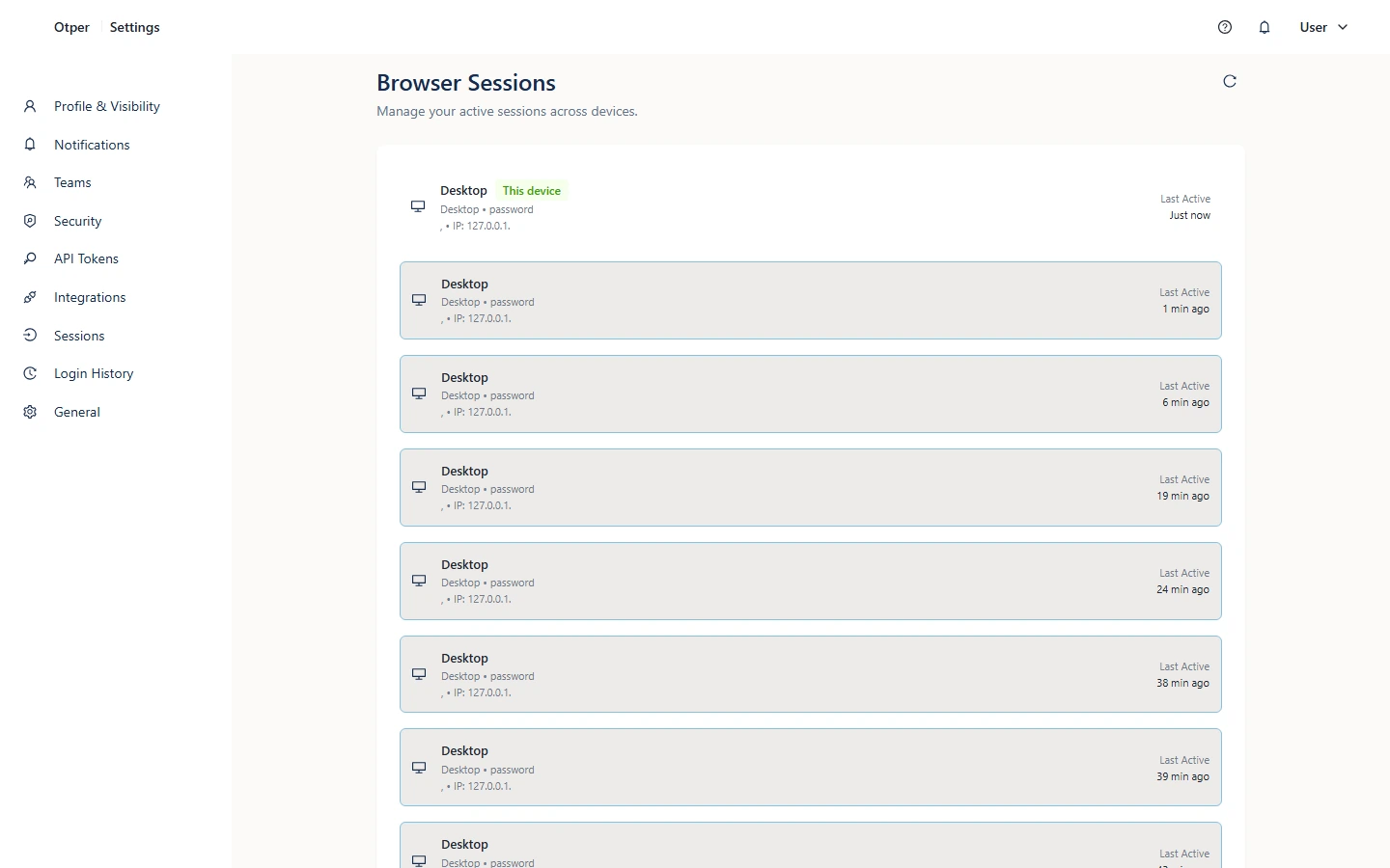 Otper active sessions list with revoke controls