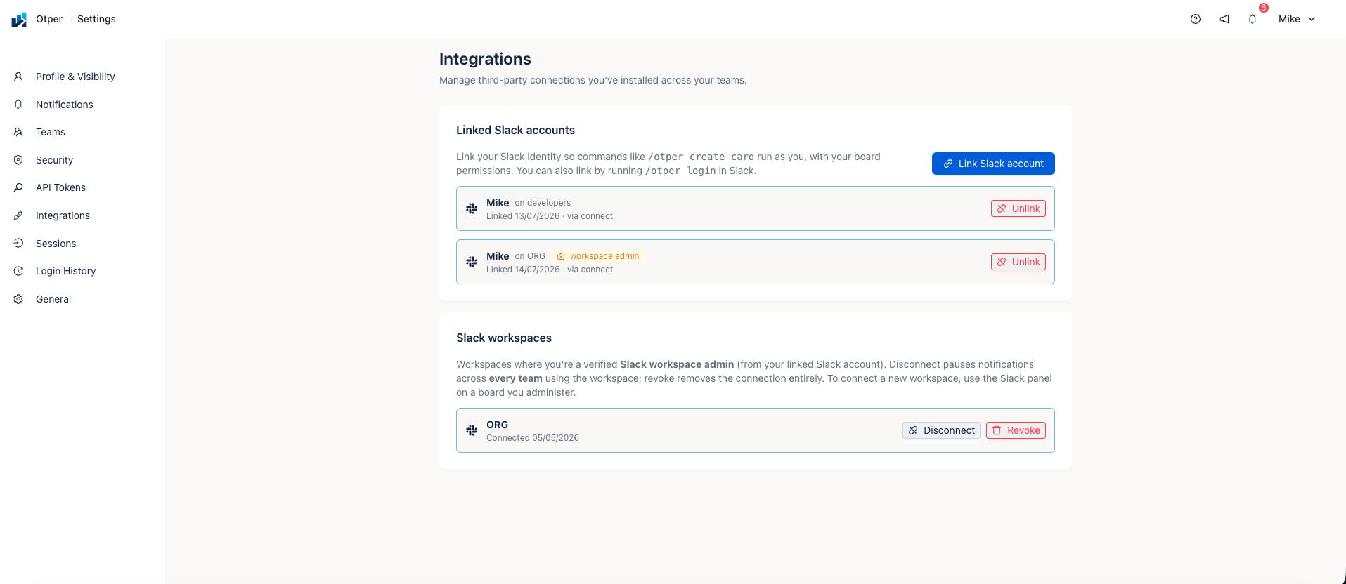 The Integrations screen in Otper settings, listing linked Slack accounts and managed Slack workspaces