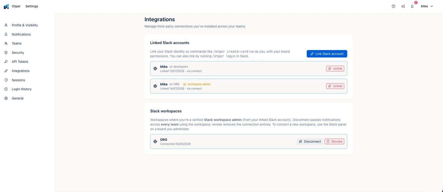 The Integrations screen in Otper settings, listing linked Slack accounts and managed Slack workspaces