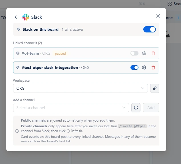 The Otper Slack panel on a board, showing linked channels, a workspace selector, and a master switch