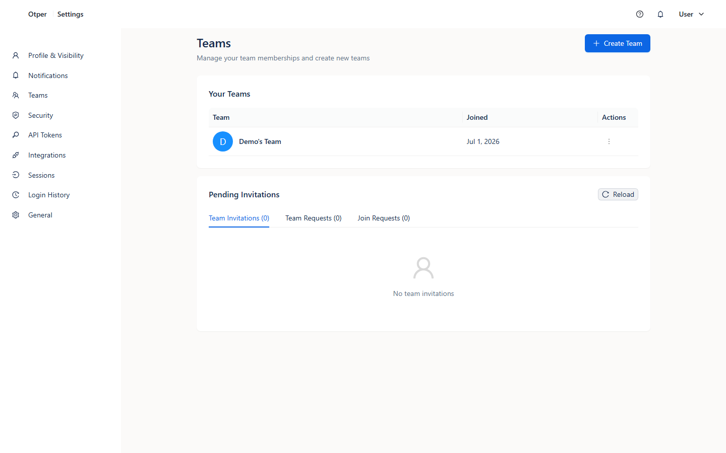 Otper team management with member roles and invitations