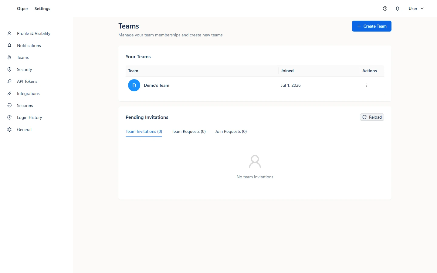 Otper team management with member roles and invitations